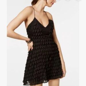 Foxiedox Black strap Dress w/ feather like leaf like appliqué gold accent small